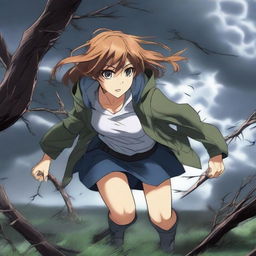 A dramatic scene featuring a hot anime girl clinging onto a tree branch for dear life while being pulled by a powerful tornado