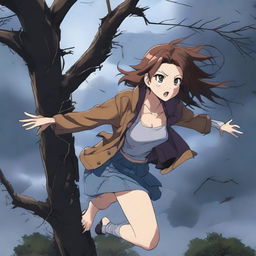 A dramatic scene featuring a hot anime girl clinging onto a tree branch for dear life while being pulled by a powerful tornado