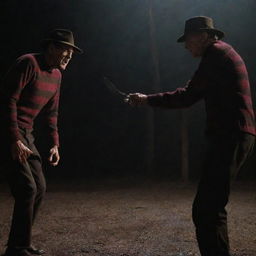 A dramatic showdown scene between Freddy Krueger and It, showcasing their unique aesthetics and terrifying powers in epic detail