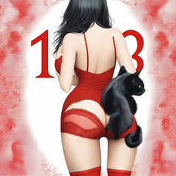 Create an image of a woman from the back, with long black hair and very large buttocks, wearing sexy red lingerie