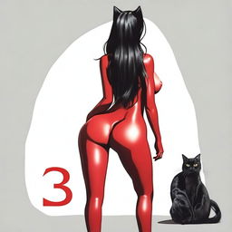 Create an image of a woman from the back, with long black hair and very large buttocks, wearing sexy red lingerie