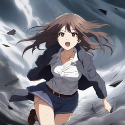 A dramatic scene featuring a hot anime girl caught in the midst of a powerful tornado