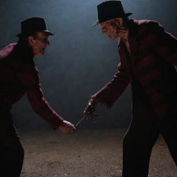 A dramatic showdown scene between Freddy Krueger and It, showcasing their unique aesthetics and terrifying powers in epic detail