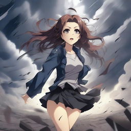 A dramatic scene featuring a hot anime girl caught in the midst of a powerful tornado