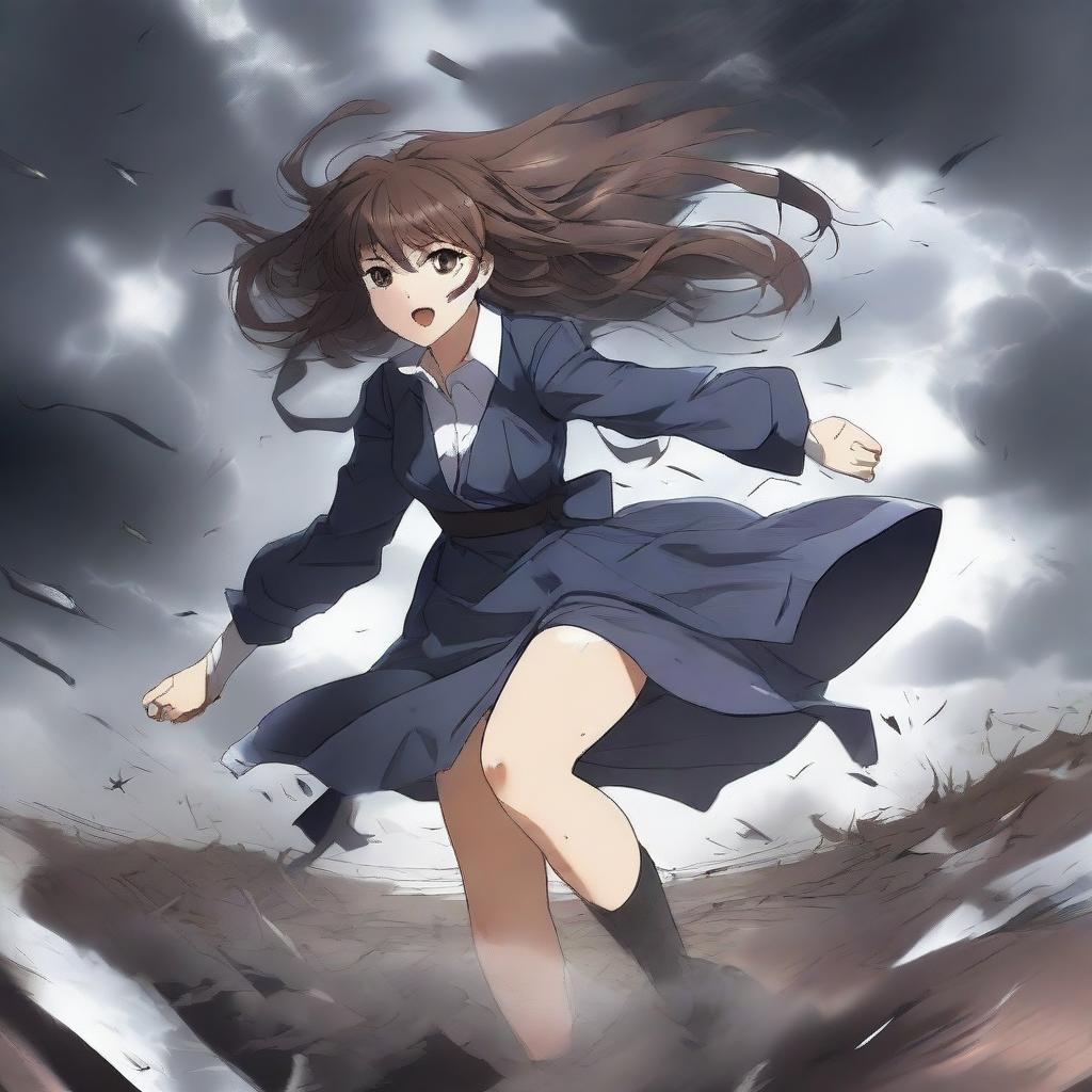 A dramatic scene featuring a hot anime girl who has fallen onto the ground, being dragged by a powerful tornado