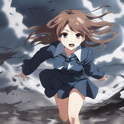 A dramatic scene featuring a hot anime girl who has fallen onto the ground, being dragged by a powerful tornado