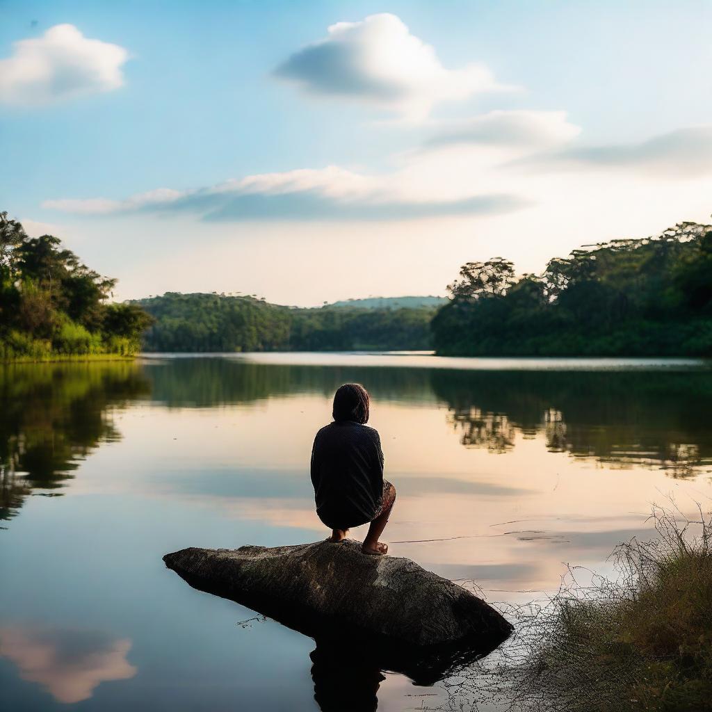 Uma jovem adulta olhando para o céu perto de um lago