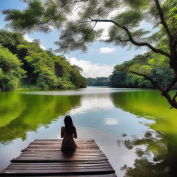 Uma jovem adulta olhando para o céu perto de um lago