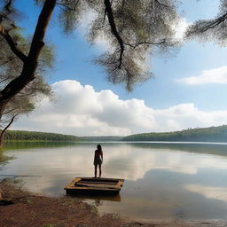 Uma jovem adulta olhando para o céu perto de um lago