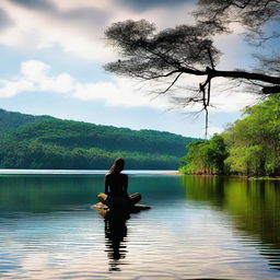 Uma jovem adulta olhando para o céu perto de um lago