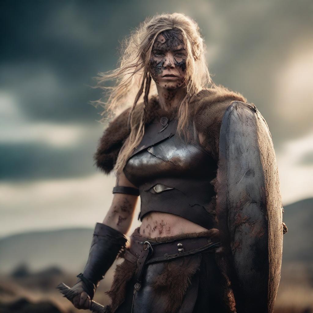 A fierce barbarian shieldmaiden with a burned face, standing in a rugged, wild landscape