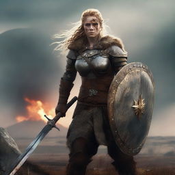 A fierce barbarian shieldmaiden with a burned face, standing in a rugged, wild landscape