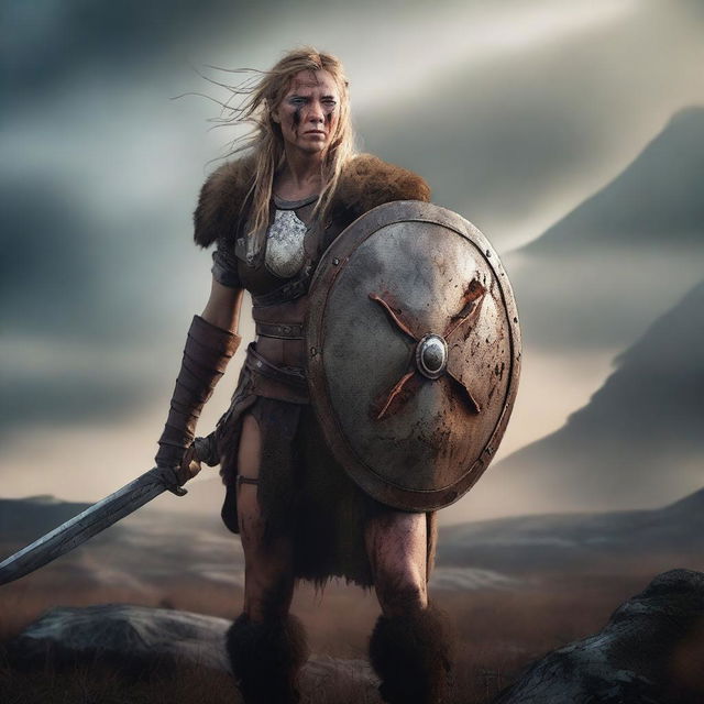 A fierce barbarian shieldmaiden with a burned face, standing in a rugged, wild landscape