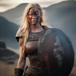 A fierce barbarian shieldmaiden with a burned face, standing in a rugged, wild landscape