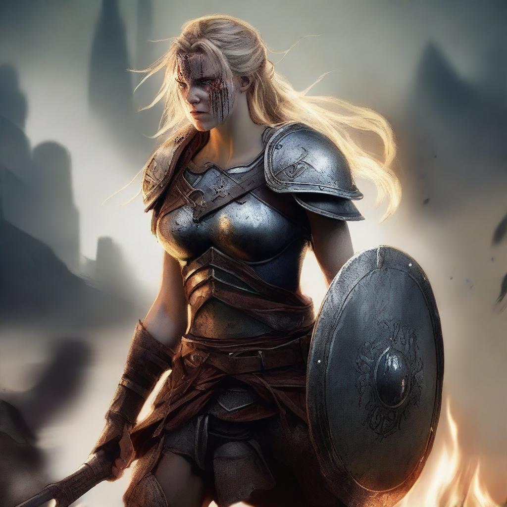 A fierce barbarian female shield maiden with a burned face, standing in a battle-ready pose