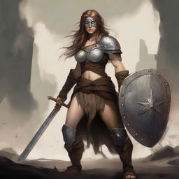 A fierce barbarian female shield maiden with a burned face, standing in a battle-ready pose