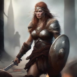 A fierce barbarian female shield maiden with a burned face, standing in a battle-ready pose