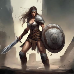 A fierce barbarian female shield maiden with a burned face, standing in a battle-ready pose