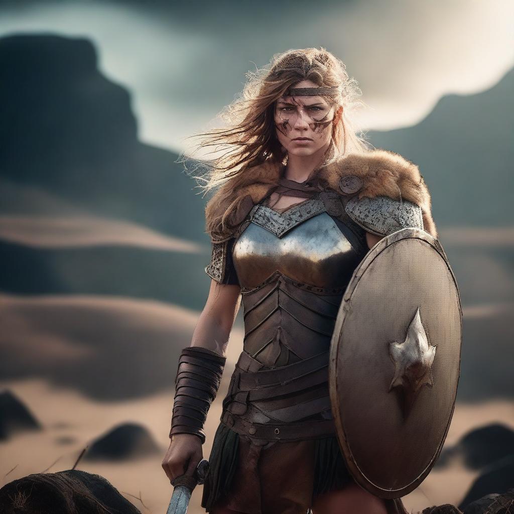 A primal Barbarian female shield maiden with a burned face, standing in a rugged, ancient landscape