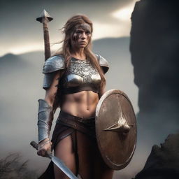 A primal Barbarian female shield maiden with a burned face, standing in a rugged, ancient landscape