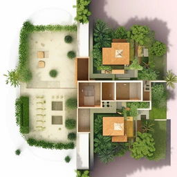 A 3D composition of a colonial and modern mixed habitat plan. Showcase how the blend of these two styles unfolds in a spatial layout