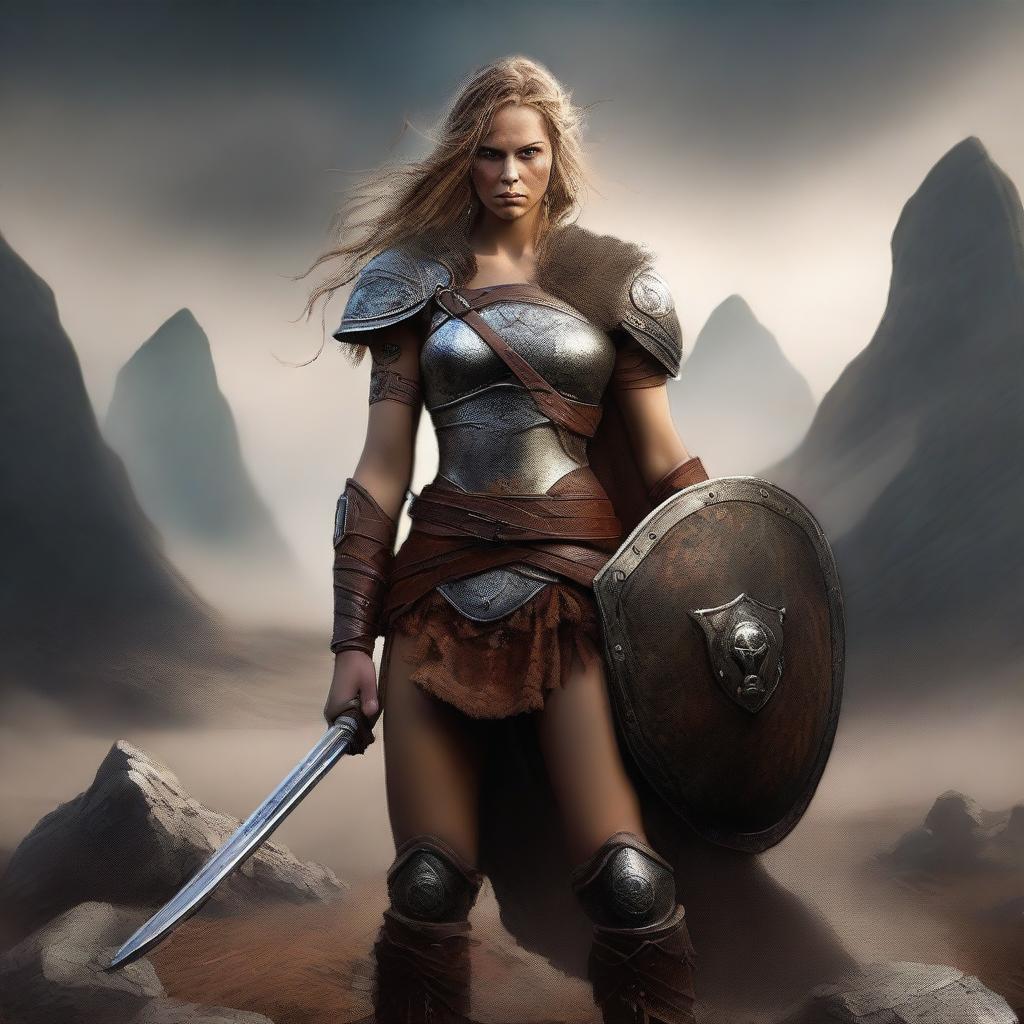 A primal Barbarian female shield maiden with a burned face, standing in a rugged, ancient landscape