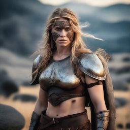 A primal Barbarian female shield maiden with a burned face, standing in a rugged, ancient landscape