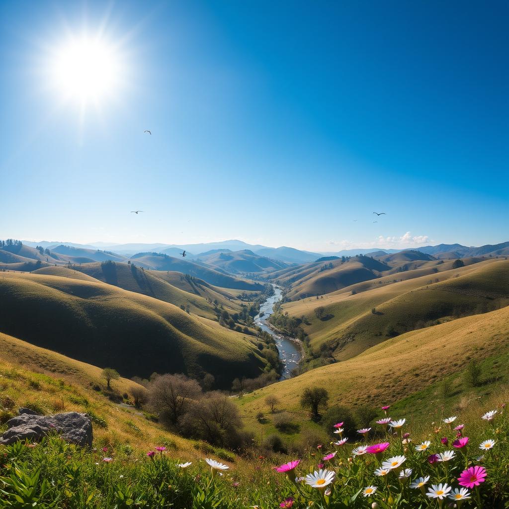 A beautiful landscape with rolling hills, a clear blue sky, and a bright sun shining down