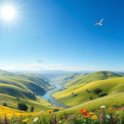 A beautiful landscape with rolling hills, a clear blue sky, and a bright sun shining down