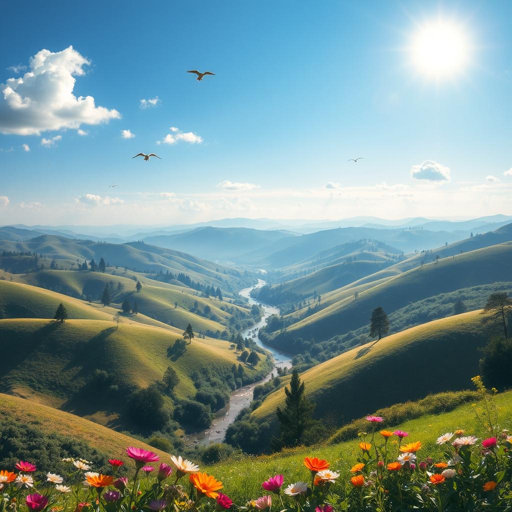 A beautiful landscape with rolling hills, a clear blue sky, and a bright sun shining down