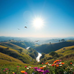 A beautiful landscape with rolling hills, a clear blue sky, and a bright sun shining down