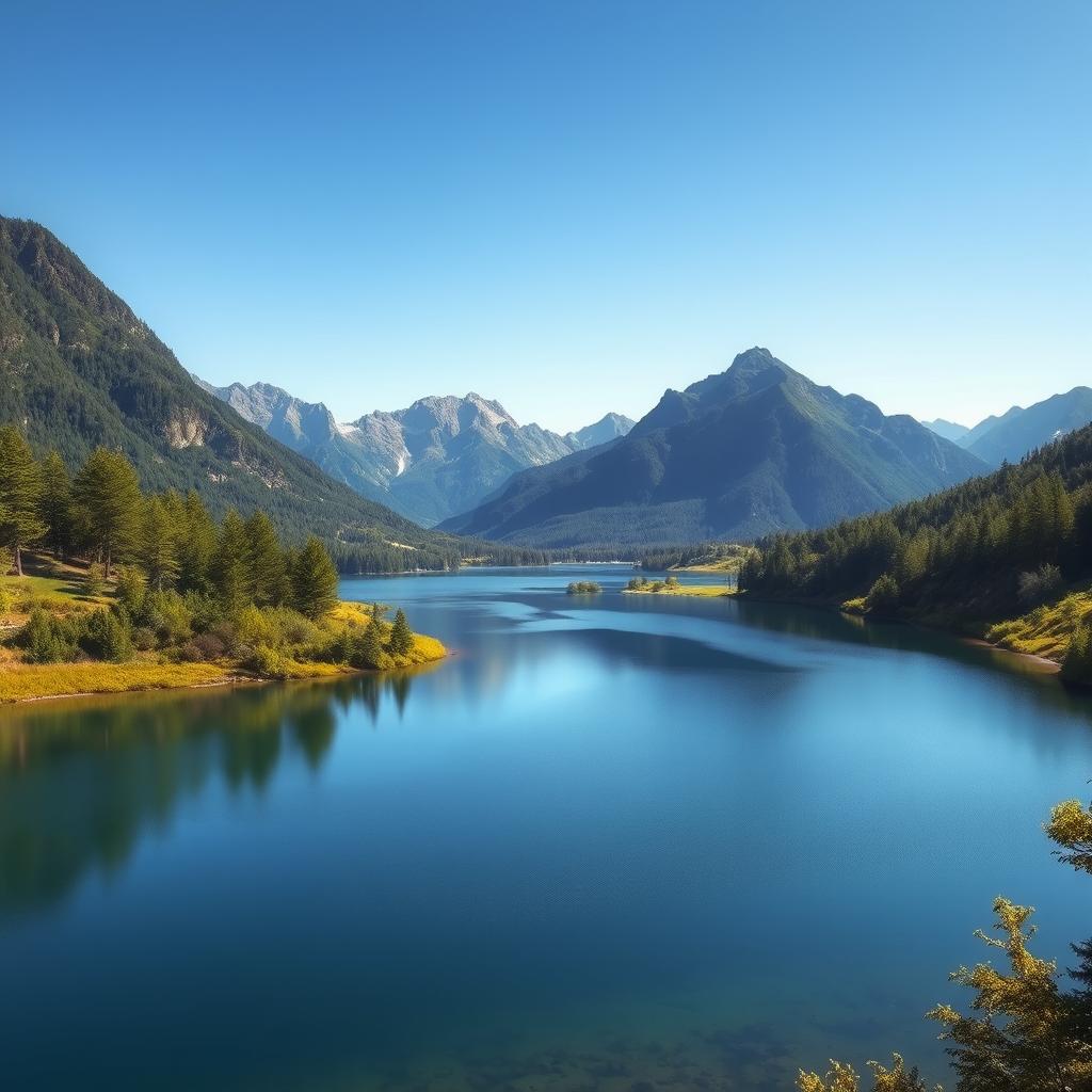 A beautiful landscape featuring a serene lake surrounded by lush green trees and mountains in the background under a clear blue sky