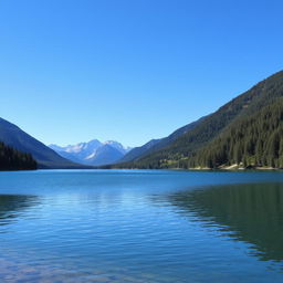 A beautiful landscape featuring a serene lake surrounded by lush green trees and mountains in the background under a clear blue sky