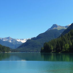 A beautiful landscape featuring a serene lake surrounded by lush green trees and mountains in the background under a clear blue sky