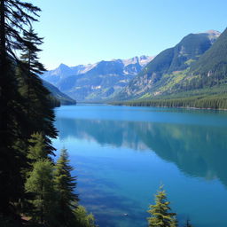 A beautiful landscape featuring a serene lake surrounded by lush green trees and mountains in the background under a clear blue sky