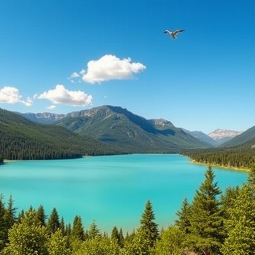 A serene landscape featuring a clear blue lake surrounded by lush green forests and mountains in the background