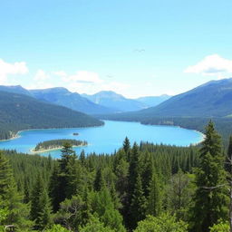 A serene landscape featuring a clear blue lake surrounded by lush green forests and mountains in the background