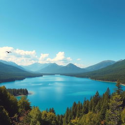 A serene landscape featuring a clear blue lake surrounded by lush green forests and mountains in the background