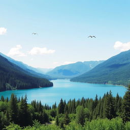 A serene landscape featuring a clear blue lake surrounded by lush green forests and mountains in the background