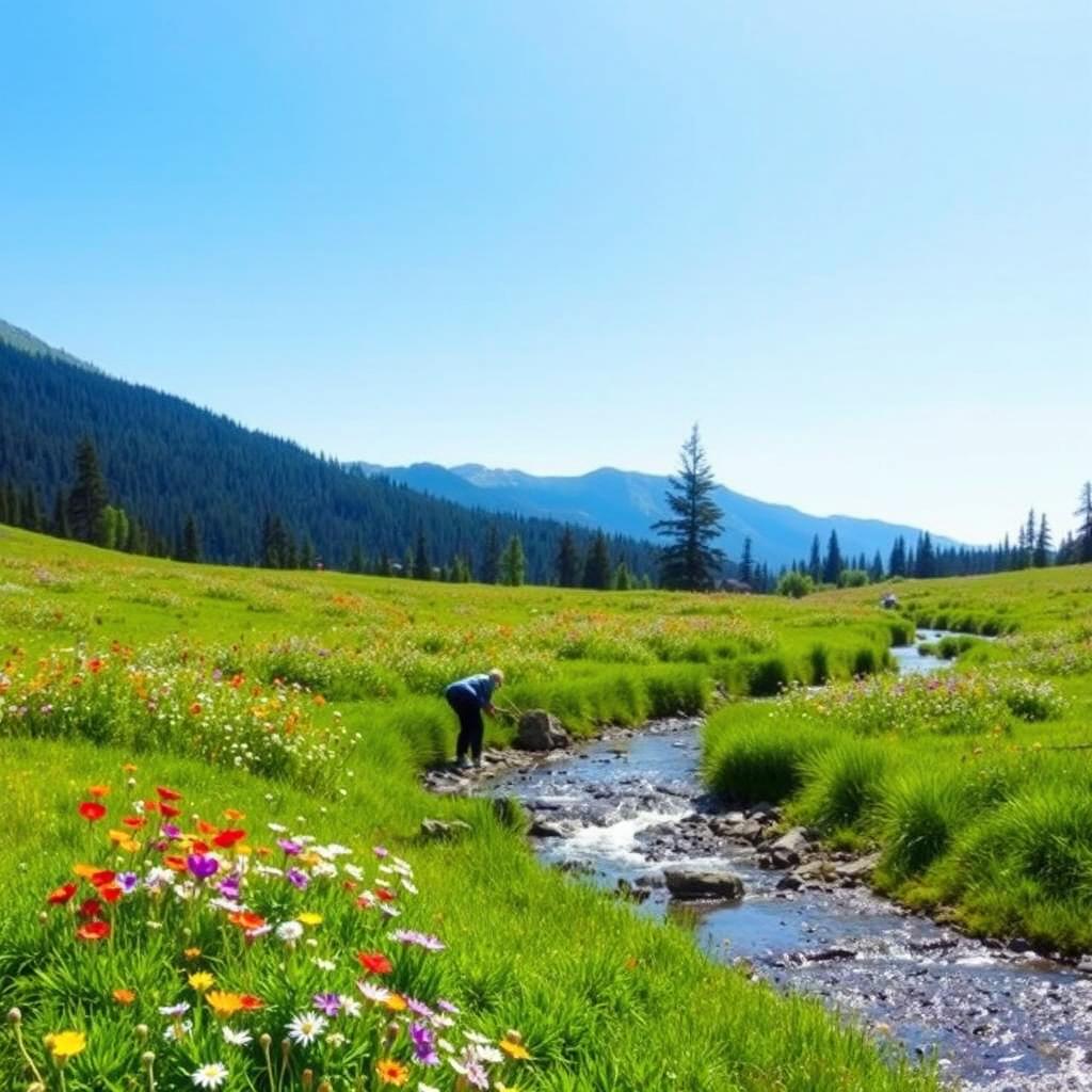 A beautiful and serene landscape featuring a lush green meadow with colorful wildflowers, a clear blue sky, and a gentle stream flowing through the scene