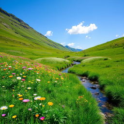 A beautiful and serene landscape featuring a lush green meadow with colorful wildflowers, a clear blue sky, and a gentle stream flowing through the scene