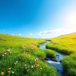 A beautiful and serene landscape featuring a lush green meadow with colorful wildflowers, a clear blue sky, and a gentle stream flowing through the scene