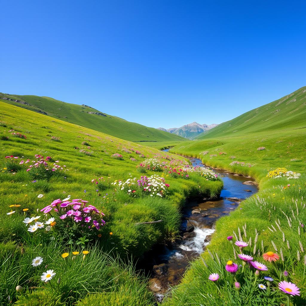 A beautiful and serene landscape featuring a lush green meadow with colorful wildflowers, a clear blue sky, and a gentle stream flowing through the scene