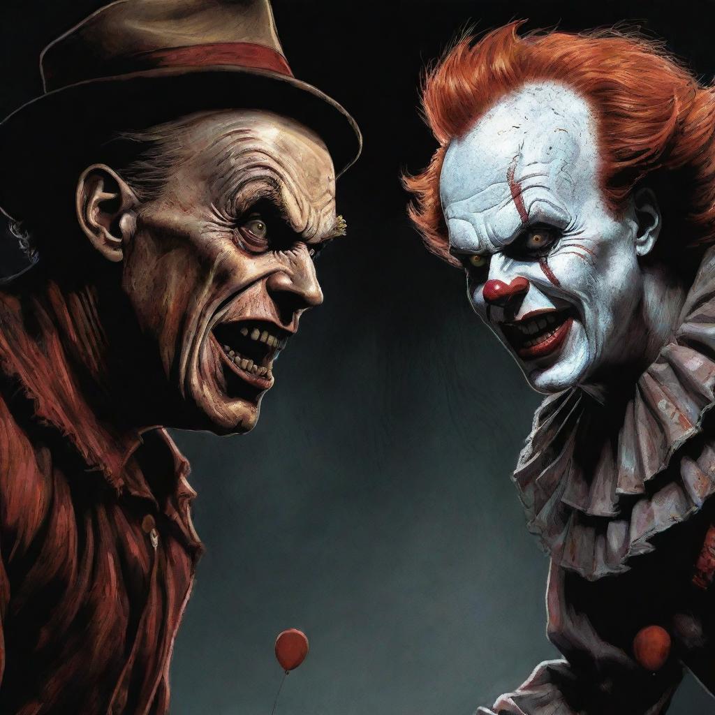 A dynamic illustration of Freddy Krueger and Pennywise in an intense face-off, rendered in comic book style, heightening the horror elements while maintaining an underlying sense of dark fun.