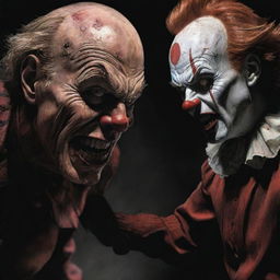 A dynamic illustration of Freddy Krueger and Pennywise in an intense face-off, rendered in comic book style, heightening the horror elements while maintaining an underlying sense of dark fun.