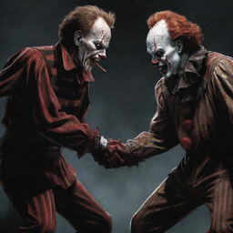 A dynamic illustration of Freddy Krueger and Pennywise in an intense face-off, rendered in comic book style, heightening the horror elements while maintaining an underlying sense of dark fun.