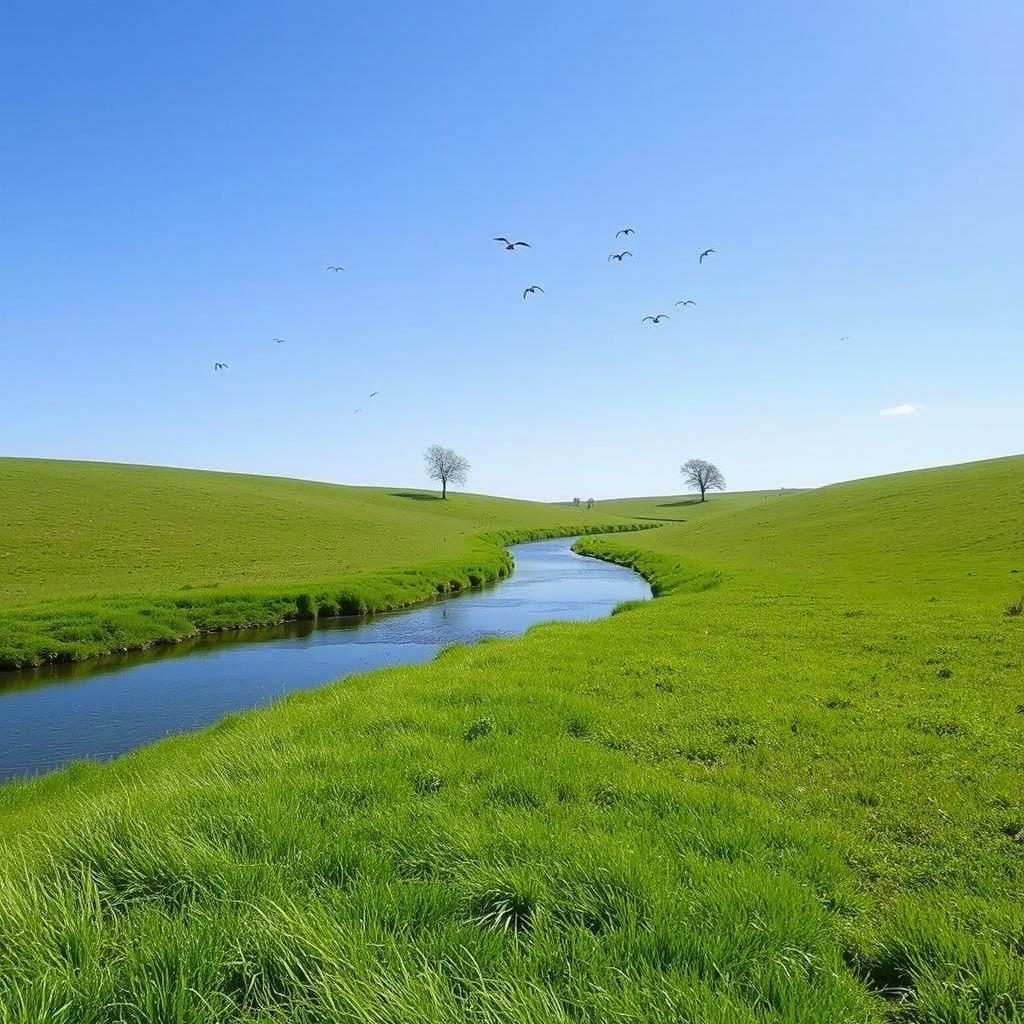 A serene landscape with a clear blue sky, lush green meadows, and a calm river flowing through the middle