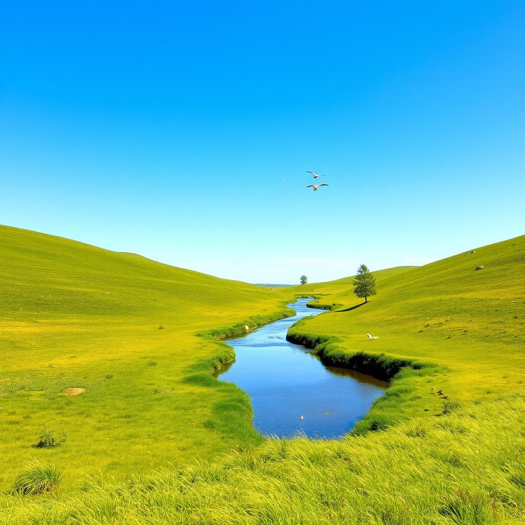 A serene landscape with a clear blue sky, lush green meadows, and a calm river flowing through the middle