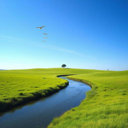 A serene landscape with a clear blue sky, lush green meadows, and a calm river flowing through the middle