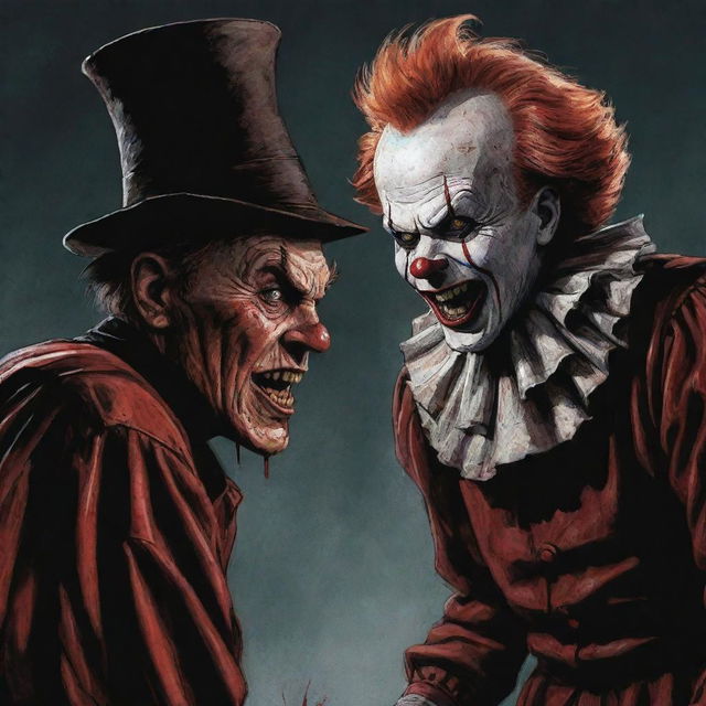 A dynamic illustration of Freddy Krueger and Pennywise in an intense face-off, rendered in comic book style, heightening the horror elements while maintaining an underlying sense of dark fun.